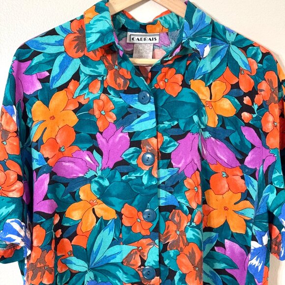 Vtg Cabrais Womens Tropical Hawaiian Shirt Rayon Button Floral Teal Hibiscus - Picture 2 of 11